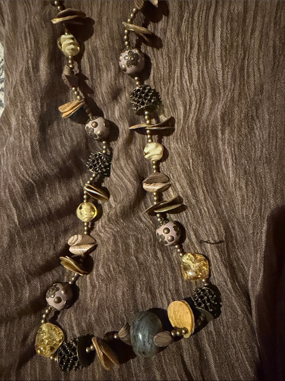 Chico's Brown, Gold and Cream Mixed-Bead Necklace